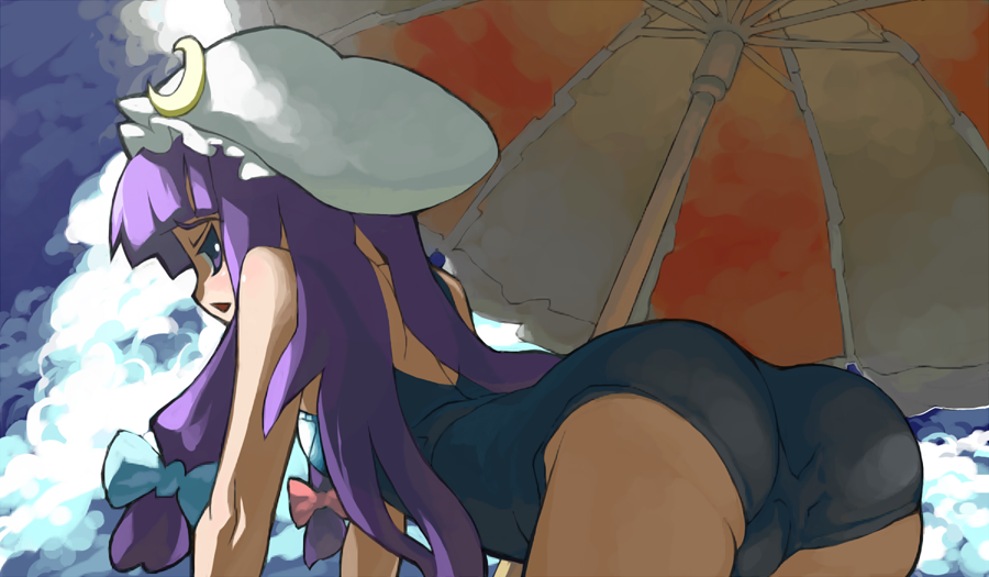 itsukia, patchouli knowledge, touhou, bad id, bad pixiv id, 1girl, all fours, ass, female focus, hat, long hair, one-piece swimsuit, outdoors, parasol, purple eyes, purple hair, school swimsuit, sky, solo, swimsuit, umbrella