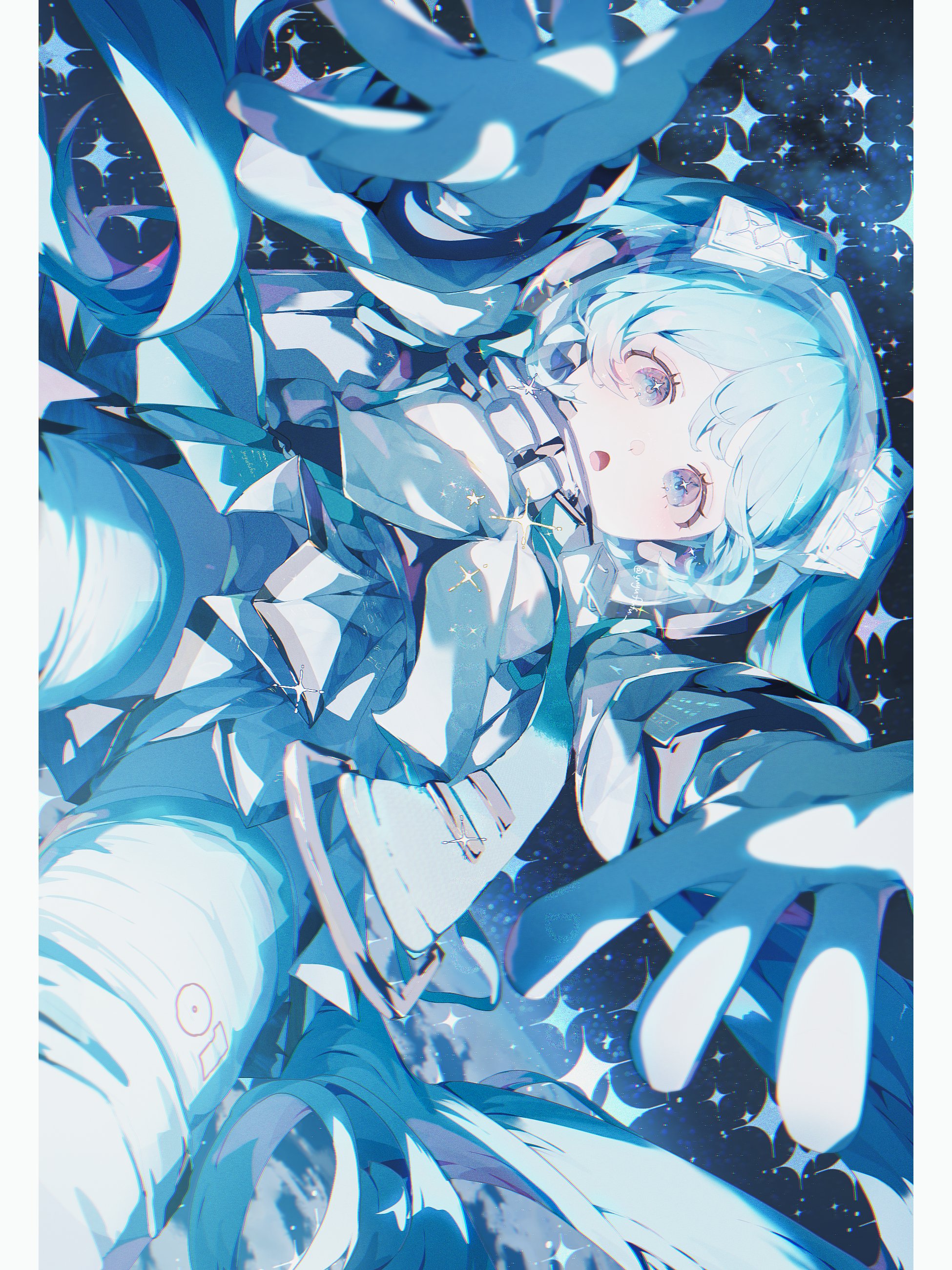 yuyufufu, hatsune miku, vocaloid, absurdres, highres, :o, astronaut, blue eyes, blue hair, blue theme, gloves, helmet, long hair, looking at viewer, necktie, open mouth, outstretched arms, reaching, reaching towards viewer, skirt, solo, space, space helmet, spacesuit, sparkle, star (sky), twintails, very long hair, white gloves