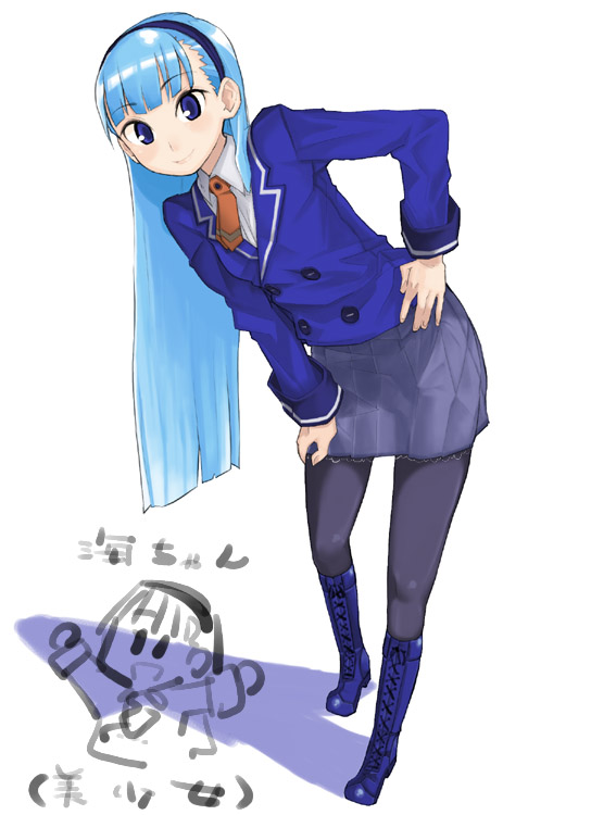 takayama toshinori, ryuuzaki umi, magic knight rayearth, bad id, bad pixiv id, 1990s (style), 1girl, black hairband, blue eyes, blue hair, blue skirt, blue theme, boots, full body, hairband, long hair, pantyhose, retro artstyle, skirt, smile, standing, white background