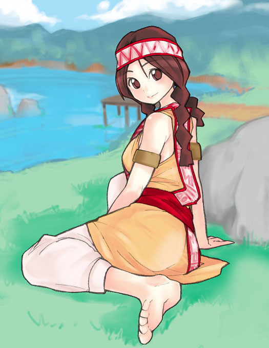 takayama toshinori, tialah, dragon quest, dragon quest yuusha abel densetsu, 1girl, barefoot, braid, brown eyes, brown hair, feet, female focus, nature, smile, solo, twin braids
