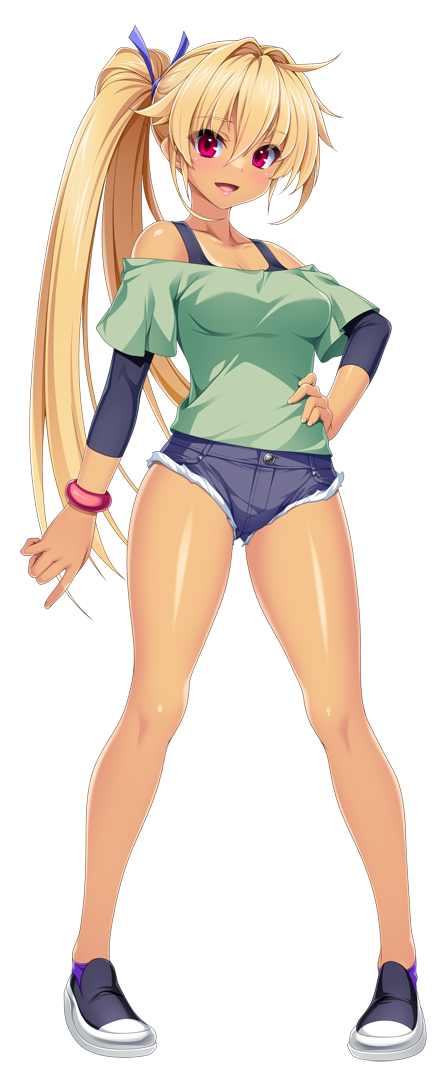 kamitsurugi ouka, oosumi kanon, kouyoku senki exs-tia concert, game cg, large variant set, non-web source, official art, variant set, 1girl, bare shoulders, blonde hair, blush, bracelet, breasts, casual, cutoffs, dark-skinned female, dark skin, denim, denim shorts, fang, full body, green shirt, hair ribbon, hand on own hip, jewelry, long hair, long sleeves, looking at viewer, medium breasts, off-shoulder shirt, off shoulder, open mouth, pigeon-toed, pink eyes, red eyes, ribbon, shirt, shoes, short shorts, shorts, side ponytail, smile, solo, standing, tachi-e, tan, transparent background, very long hair