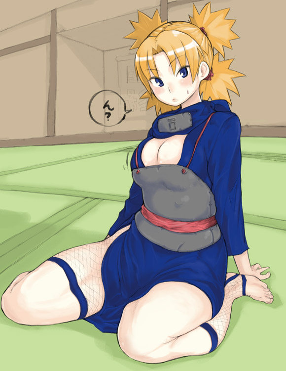 takayama toshinori, temari (naruto), naruto (classic), naruto (series), 1girl, barefoot, blonde hair, blue eyes, blush, breasts, cleavage, female focus, fishnets, kneeling, quad tails, solo