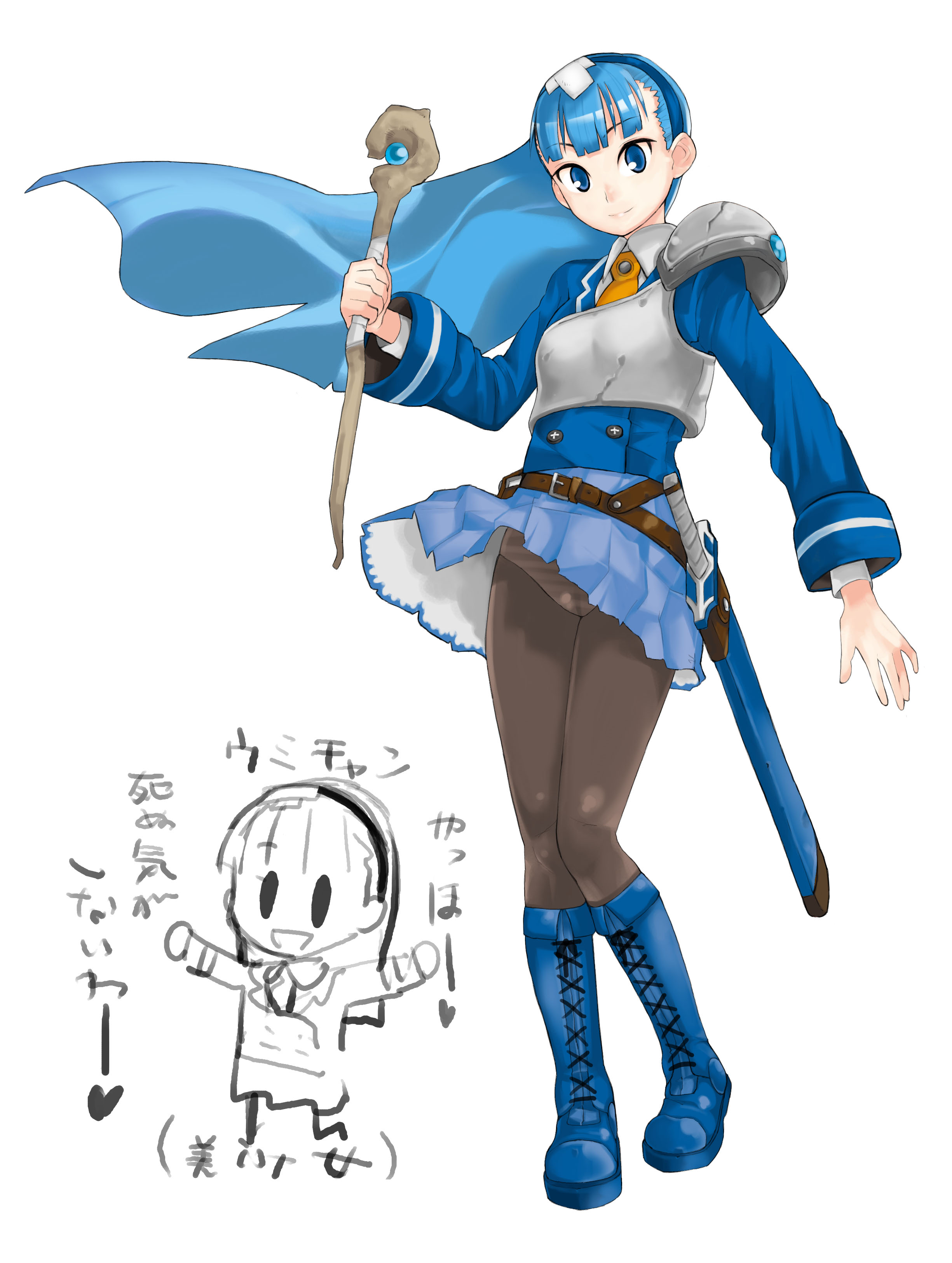 takayama toshinori, ryuuzaki umi, magic knight rayearth, absurdres, highres, 1990s (style), 1girl, armor, armored dress, blue eyes, blue hair, blue hairband, blue skirt, boots, dress, full body, hairband, knee boots, long hair, panties, panties under pantyhose, pantyhose, pantyshot, retro artstyle, skirt, staff, standing, striped clothes, striped panties, sword, underwear, upskirt, weapon, white background, wind, wind lift