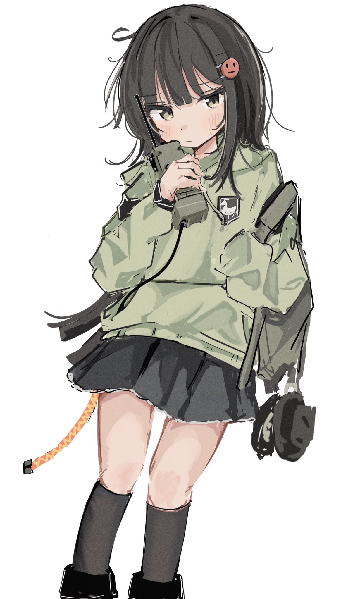 ichiha (ichi u2), original, highres, 1girl, bag, black hair, black skirt, blush, brown eyes, closed mouth, hair ornament, hairclip, holding, kneehighs, long hair, long sleeves, looking at viewer, pleated skirt, simple background, skirt, socks, solo, white background