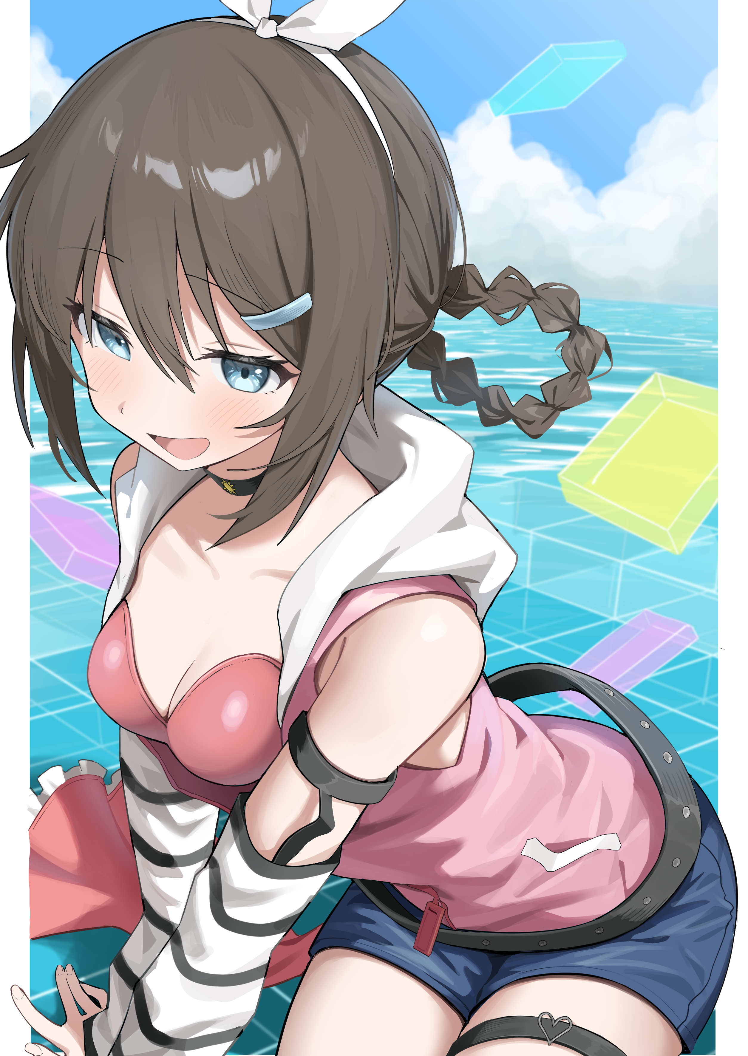 yuu (shampoohatslime), osaka shizuku, love live!, love live! nijigasaki high school idol club, love live! nijigasaki high school idol club the movie – finale, absurdres, commentary request, highres, 1girl, bare shoulders, belt, bikini, bikini under clothes, black belt, black choker, blue eyes, blue shorts, blush, border, braid, braided hair rings, breasts, brown hair, choker, cleavage, day, hair between eyes, hair rings, hood, hood down, hooded jacket, jacket, long hair, looking at viewer, medium breasts, open mouth, outside border, pillarboxed, pink bikini, pink jacket, rise up high! (love live!), short shorts, shorts, sleeveless, sleeveless jacket, smile, solo, striped arm warmers, swimsuit, thighs, white border