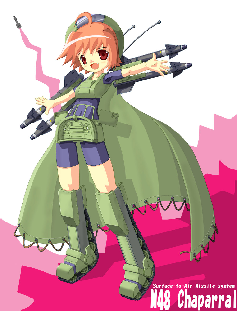 dobunezumi hostler, highres, ahoge, aim-9 sidewinder, aim-9d sidewinder, air-to-air missile, anti-aircraft, anti-aircraft missile, armored fighting vehicle, cape, fang, hat, m48 chaparral, mecha musume, military, military vehicle, mim-72 chaparral, missile, missile vehicle, multiple rocket launcher, personification, red eyes, red hair, short hair, solo, surface-to-air missile, transporter erector launcher