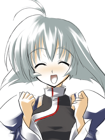camyu, utawarerumono, silver hair, lowres, 00s, 1girl, antenna hair, closed eyes, female focus, simple background, smile, solo
