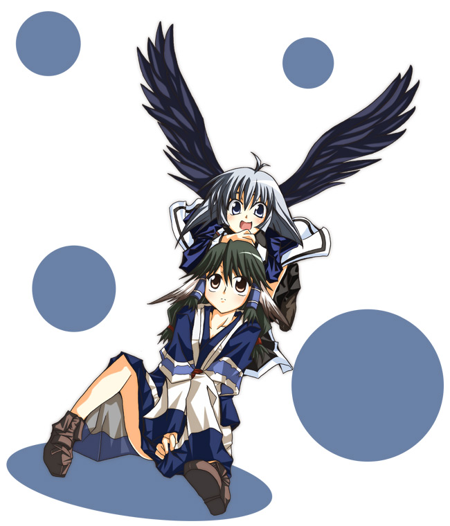 aruruu, camyu, utawarerumono, silver hair, 00s, 2girls, black hair, black wings, multiple girls, simple background, wings