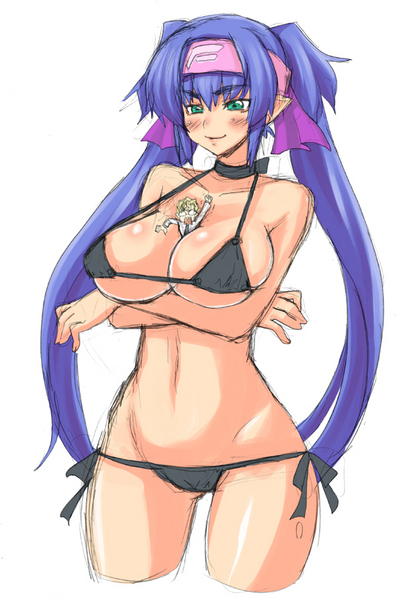 klan klein, meltrandi, mikhail buran, zentradi, macross, macross frontier, artist request, 00s, 1girl, bikini, blue hair, blush, breasts, giant, giantess, green eyes, headband, hip focus, large breasts, lowleg, lowleg bikini, person between breasts, pointy ears, side-tie bikini bottom, swimsuit, twintails, wide hips