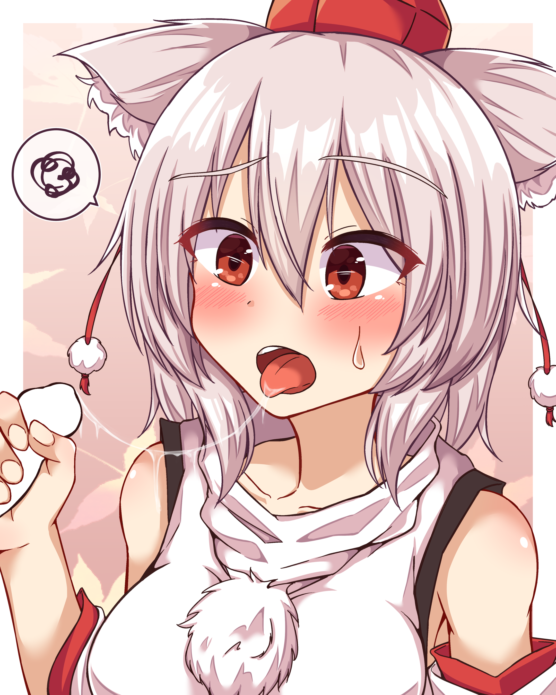 siw0n, inubashiri momiji, touhou, absurdres, commentary request, highres, 1girl, 1other, animal ear fluff, animal ears, blush, border, breasts, close-up, collarbone, detached sleeves, disembodied penis, double-parted bangs, ears down, fellatio, fingernails, gradient background, hair between eyes, hat, large breasts, leaf, leaf background, maple leaf, medium hair, open mouth, oral, orange background, penis, penis grab, pink background, pom pom (clothes), red eyes, red hat, red trim, saliva, saliva trail, shirt, speech bubble, spoken squiggle, squiggle, sweatdrop, teeth, tokin hat, tongue, tongue out, upper body, upper teeth only, white border, white hair, white shirt, wolf ears, wolf girl