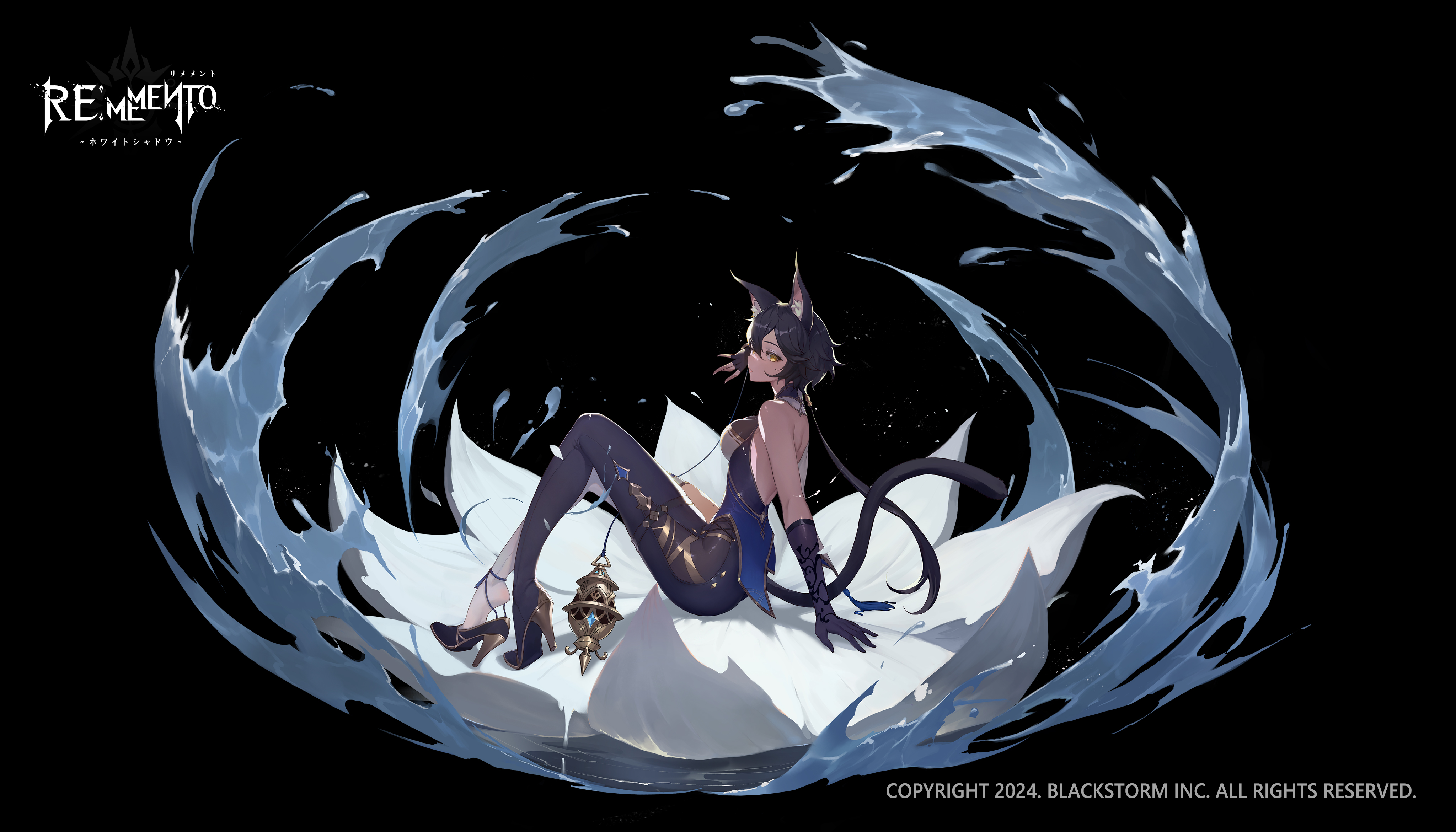 rememento: white shadow, absurdres, highres, official art, 1girl, animal ear fluff, animal ears, bare shoulders, black background, black gloves, black hair, black tail, bodysuit, breasts, copyright name, copyright notice, faux figurine, fingerless gloves, flower, from side, full body, gloves, high heels, incense burner, large breasts, lixiang (rememento), logo, looking at viewer, on flower, profile, shoe dangle, single fingerless glove, single leg bodysuit, single thighhigh, sitting, sleeveless, sleeveless bodysuit, solo, thighhighs, water, white flower, white thighhighs, yellow eyes