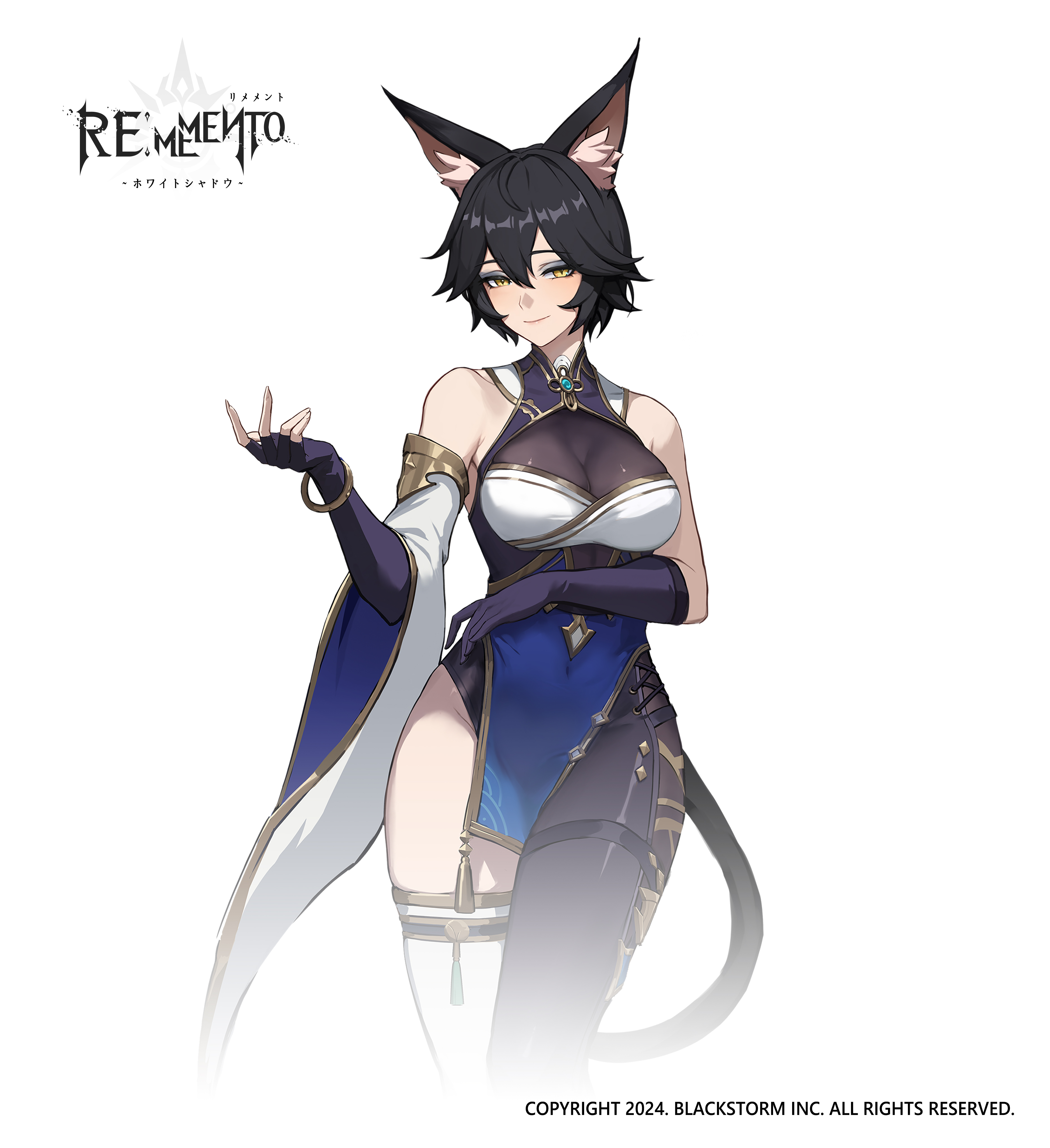 rememento: white shadow, absurdres, highres, official art, 1girl, animal ear fluff, animal ears, bare shoulders, black gloves, black hair, black tail, bodysuit, breasts, copyright name, copyright notice, cowboy shot, detached sleeves, fingerless gloves, gloves, hand up, large breasts, lixiang (rememento), logo, looking at viewer, see-through cleavage, see-through clothes, single detached sleeve, single fingerless glove, single leg bodysuit, single thighhigh, sleeveless, sleeveless bodysuit, solo, thighhighs, white background, white thighhighs, wide sleeves, yellow eyes