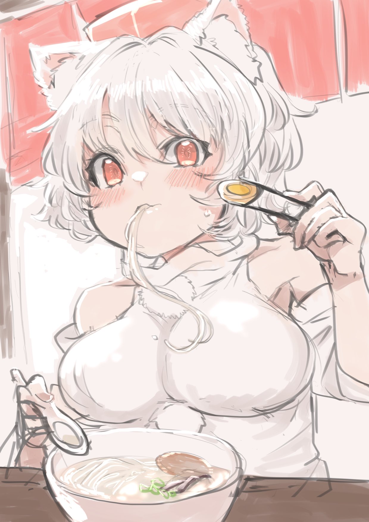 yoyoiro (sysi20), inubashiri momiji, touhou, commentary request, highres, 1girl, animal ear fluff, animal ears, arm up, bowl, breasts, chopsticks, closed mouth, detached sleeves, eating, egg (food), food, food in mouth, hair between eyes, hat, holding, holding spoon, large breasts, long sleeves, noodles, pom pom (clothes), ramen, red background, red eyes, red hat, shirt, short hair, slurping, spoon, sweatdrop, swept bangs, table, tokin hat, upper body, white background, white hair, white shirt, wide sleeves, wolf ears, wolf girl