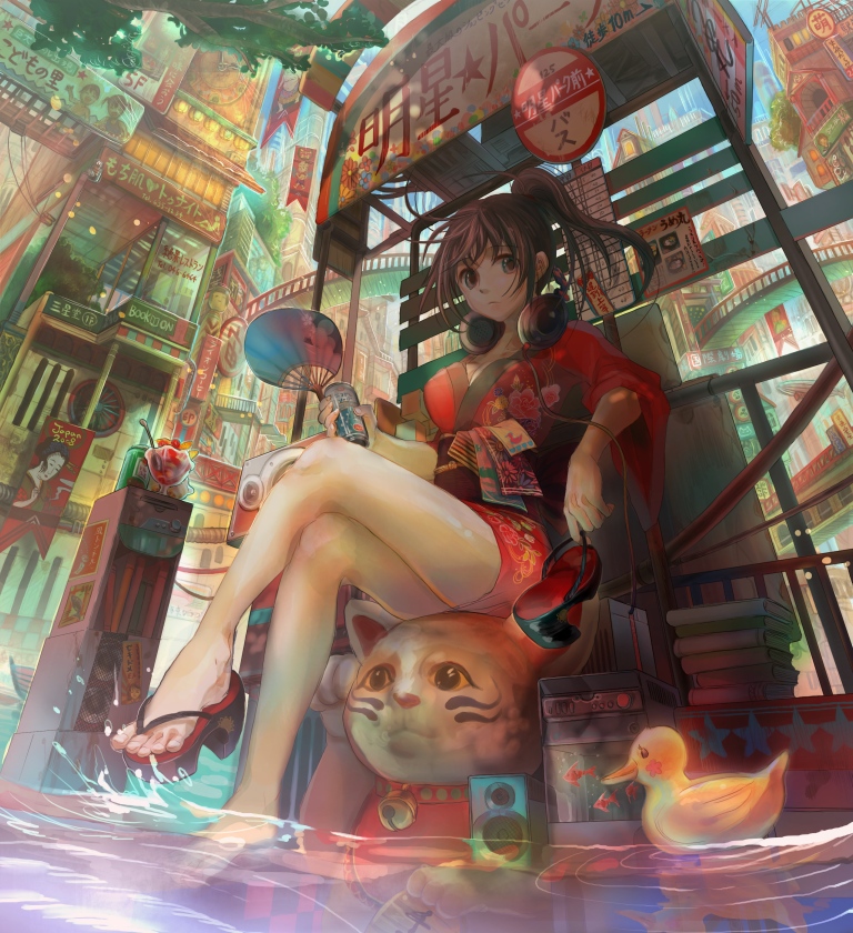 fuzichoco, original, 1girl, barefoot, book, brown eyes, brown hair, bus stop, can, cat, city, colorful, crossed legs, feet, female focus, flood, food, hand fan, headphones, headphones around neck, japanese clothes, kimono, legs, maneki-neko, paper fan, parfait, ponytail, reflection, rubber duck, sandals, scenery, shoes, short kimono, single shoe, sitting, soaking feet, solo, splashing, uchiwa, water