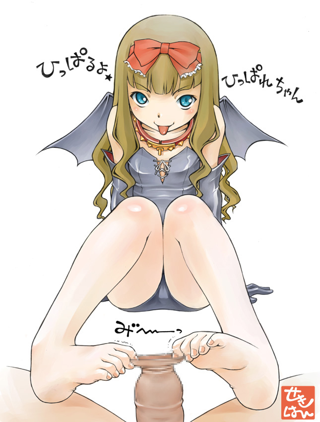sekihan, 1girl, :p, bare legs, barefoot, bat wings, blue eyes, blush, brown hair, censored, clothed female nude male, collar, elbow gloves, feet, footjob, foreskin, foreskin pull, gloves, leotard, long hair, looking at viewer, nude, penis, pov, simple background, sitting, solo focus, toes, tongue, tongue out, white background, wings