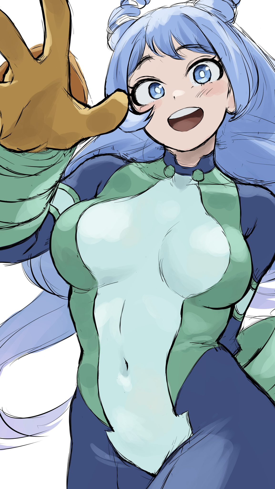 fengling (furin-jp), hado nejire, boku no hero academia, highres, 1girl, :d, blue bodysuit, blue eyes, blue hair, bodysuit, gloves, green bodysuit, long hair, multicolored bodysuit, open mouth, smile, solo, superhero costume, teeth, upper teeth only, yellow gloves