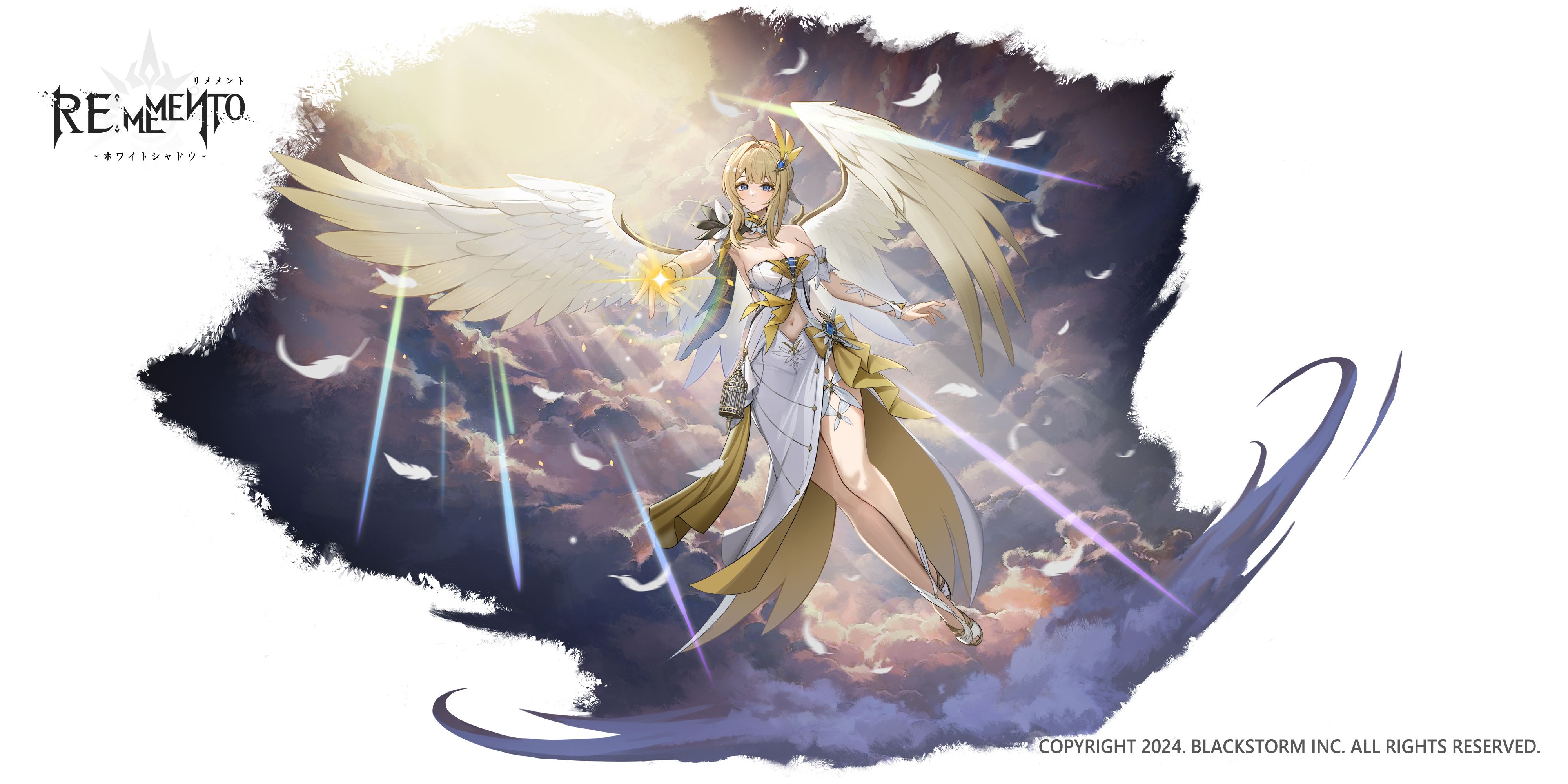 rememento: white shadow, absurdres, highres, official art, 1girl, bare shoulders, blonde hair, blue eyes, border, breasts, canary (rememento), clothing cutout, cloud, cloudy sky, copyright name, copyright notice, dress, fading border, falling feathers, feathered wings, feathers, flying, full body, hair ornament, large breasts, logo, long dress, looking at viewer, medium hair, navel cutout, outstretched arm, shoes, side slit, sky, sleeveless, sleeveless dress, solo, sunlight, white background, white dress, white shoes, white wings, wings