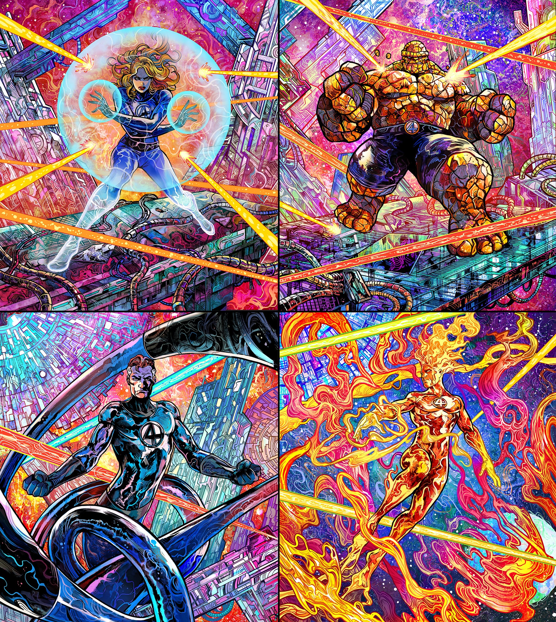 vinartwork, ben grimm, human torch, johnny storm, reed richards, sue storm, fantastic four, marvel, marvel snap, highres, official art, 1girl, 3boys, abs, abstract background, barefoot, black gloves, blonde hair, blue bodysuit, blue eyes, blue jumpsuit, blue pants, bodysuit, building, burning, clenched hand, clenched hands, colored skin, colorful background, crossed arms, dynamic pose, energy barrier, energy beam, extendable limbs, fiery hair, fighting stance, fire, flying, galaxy, glint, gloves, jumpsuit, lipstick, looking at viewer, makeup, male focus, muffin top, multicolored bodysuit, multicolored hair, multiple boys, muscular, muscular male, orange skin, pants, partially invisible, planet, pyrokinesis, red lips, rock, rock skin, science fiction, shiny skin, short hair, sky, skyline, space, spacecraft, spandex, sparkle, star (sky), starry sky, starry sky background, stretching, superhero costume, technology, topless male, two-tone bodysuit, two-tone hair, western comics (style), wire