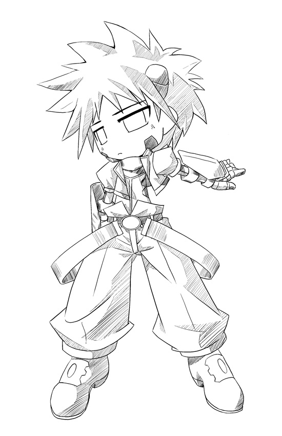 u-ka, yu lulu (uka), numbers (nanoha), otto (nanoha), lyrical nanoha, mahou shoujo lyrical nanoha, mahou shoujo lyrical nanoha strikers, uniform, 00s, 1girl, belt, buckle, female focus, full body, gauntlets, greyscale, monochrome, outstretched arm, reverse trap, shoes, simple background, solo, spiked hair, standing, white background