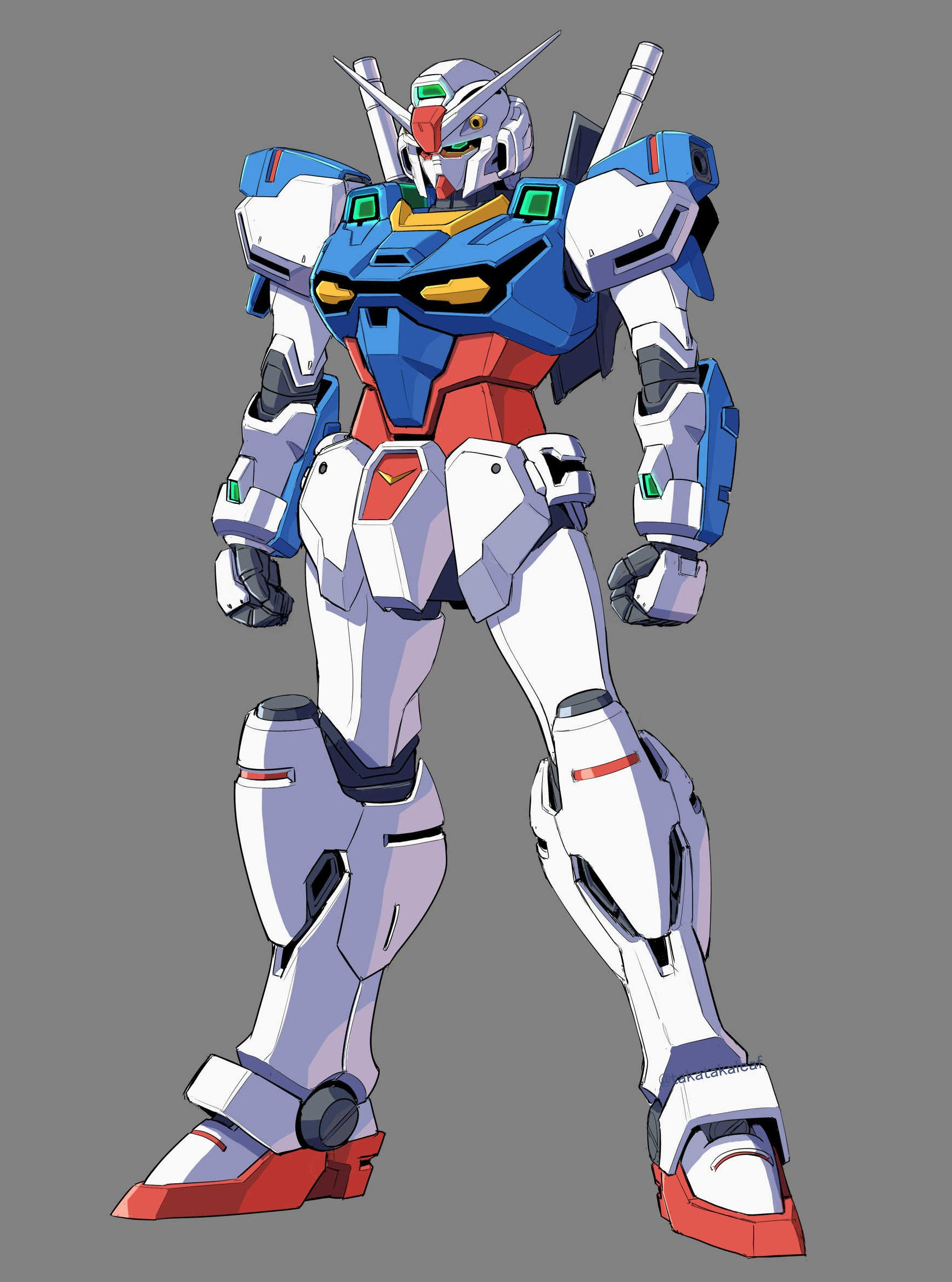 takaba akinori, gundam, gundam u.c. engage, highres, arms at sides, clenched hands, energy sword, engage gundam, full body, green eyes, grey background, head vulcanguns, holding, holding weapon, humanoid robot, legs apart, mecha, mecha focus, mechanical arms, mechanical hands, mechanical legs, mobile suit, no humans, robot, science fiction, simple background, solo, standing, sword, v-fin, weapon