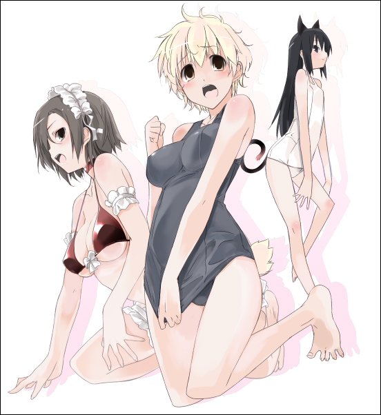 aka ume, original, 3girls, animal ears, barefoot, bikini, breasts, cat ears, cat tail, feet, large breasts, multiple girls, one-piece swimsuit, school swimsuit, swimsuit, tail, white one-piece swimsuit, white school swimsuit