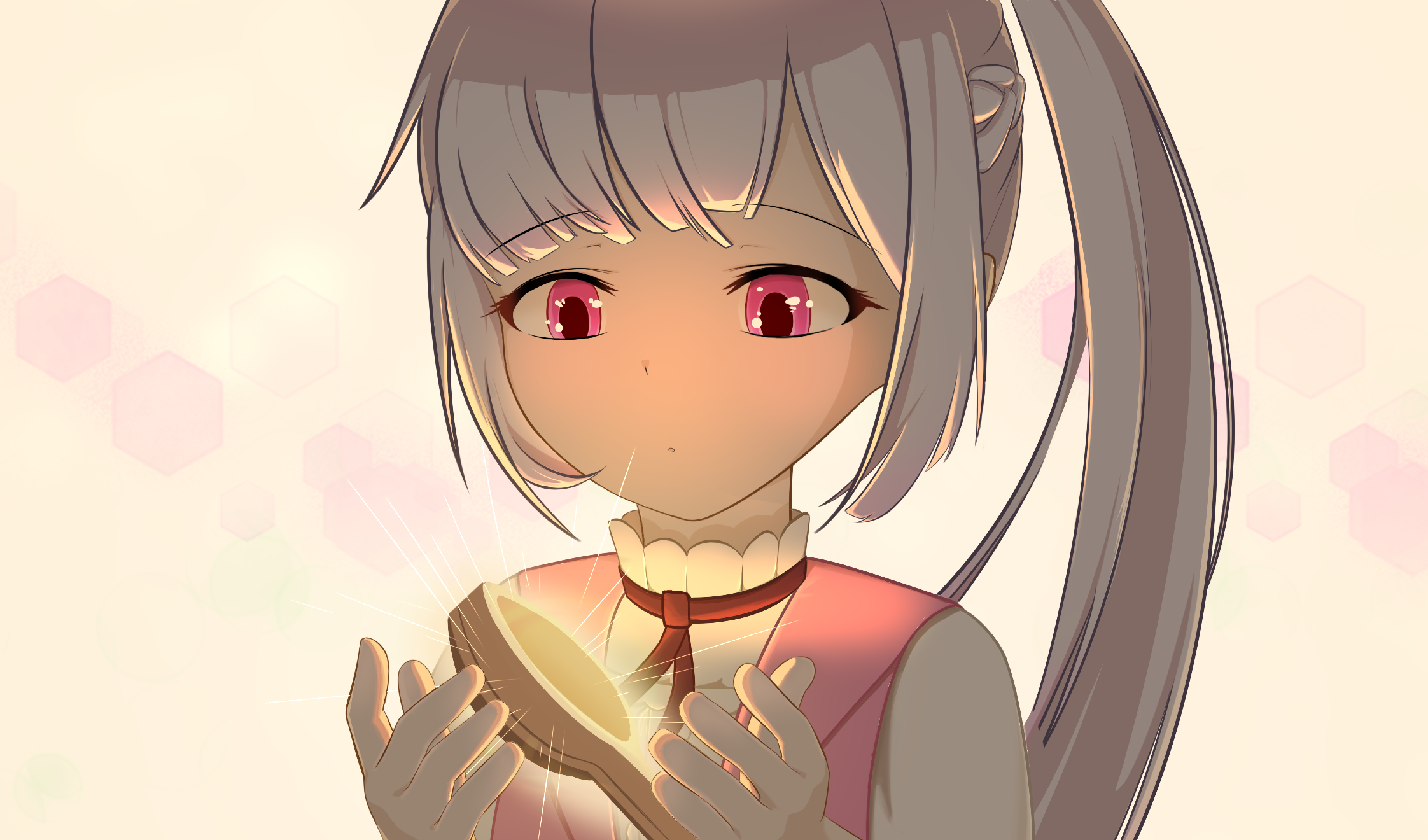 atelier (tsuihousha shokudou e youkoso!), tsuihousha shokudou e youkoso!, highres, 1girl, braid, grey hair, long hair, pink eyes, pink vest, ponytail, simple background, solo, sora mashinishi, spoon, vest