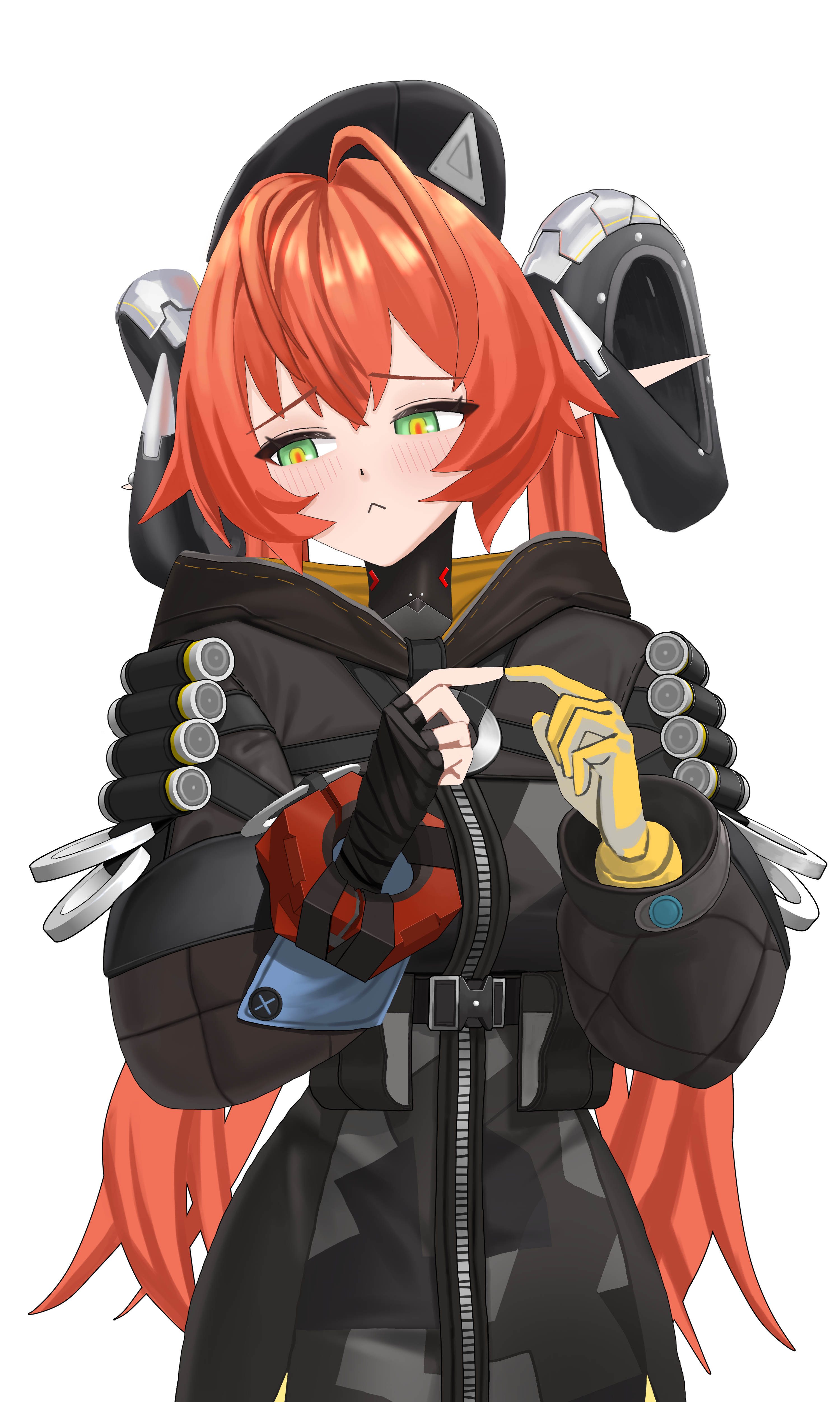 chicken dduck, orphie magnusson, zenless zone zero, absurdres, highres, 1girl, black gloves, black hat, black shrug, blush, closed mouth, gloves, goat horns, green eyes, hat, horns, index fingers together, long hair, orange hair, shrug (clothing), solo, twintails, yellow gloves