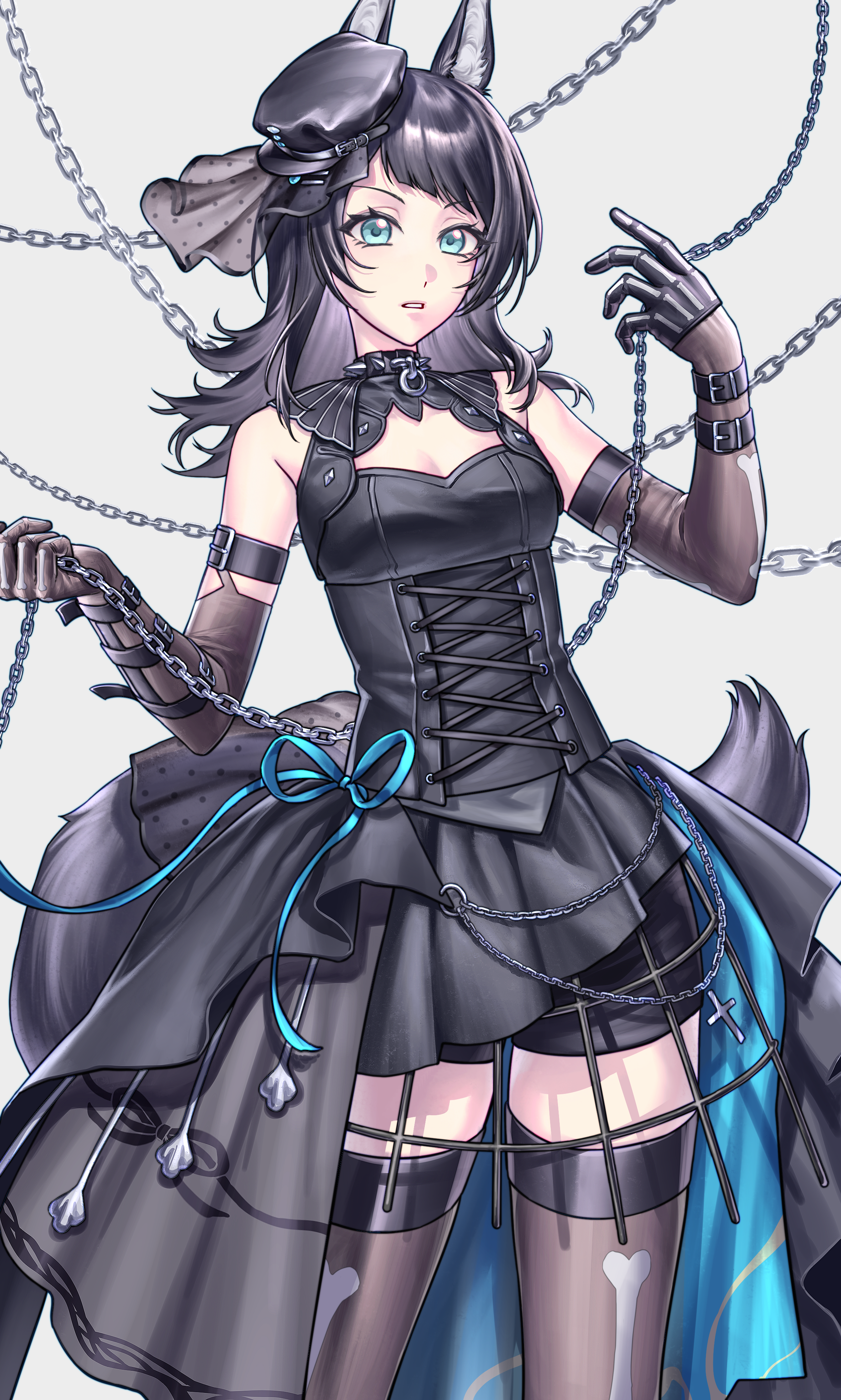 yahata umiri, arknights, bang dream!, bang dream! it's mygo!!!!!, absurdres, chinese commentary, commentary request, highres, procreate (medium), 1girl, animal ears, bare shoulders, black dress, black gloves, black hair, black shorts, black thighhighs, blue eyes, blue ribbon, bone print, breasts, chain, collar, crinoline, diagonal bangs, dress, elbow gloves, feet out of frame, gloves, hands up, holding, holding chain, kemonomimi mode, long hair, looking at viewer, medium breasts, ribbon, shorts, solo, spiked collar, spikes, standing, tail, thighhighs, wolf ears, wolf girl, wolf tail, yahata umiri (moonlight executioner), yong ye zhenma shi xiao shayu