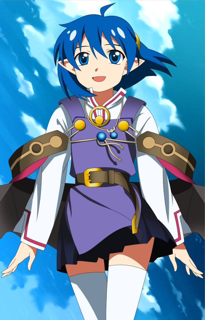 rena lanford, star ocean, star ocean: the second story, bad id, bad pixiv id, 1girl, :d, ahoge, blue eyes, blue hair, female focus, matching hair/eyes, open mouth, pointy ears, smile, solo, thighhighs, white thighhighs