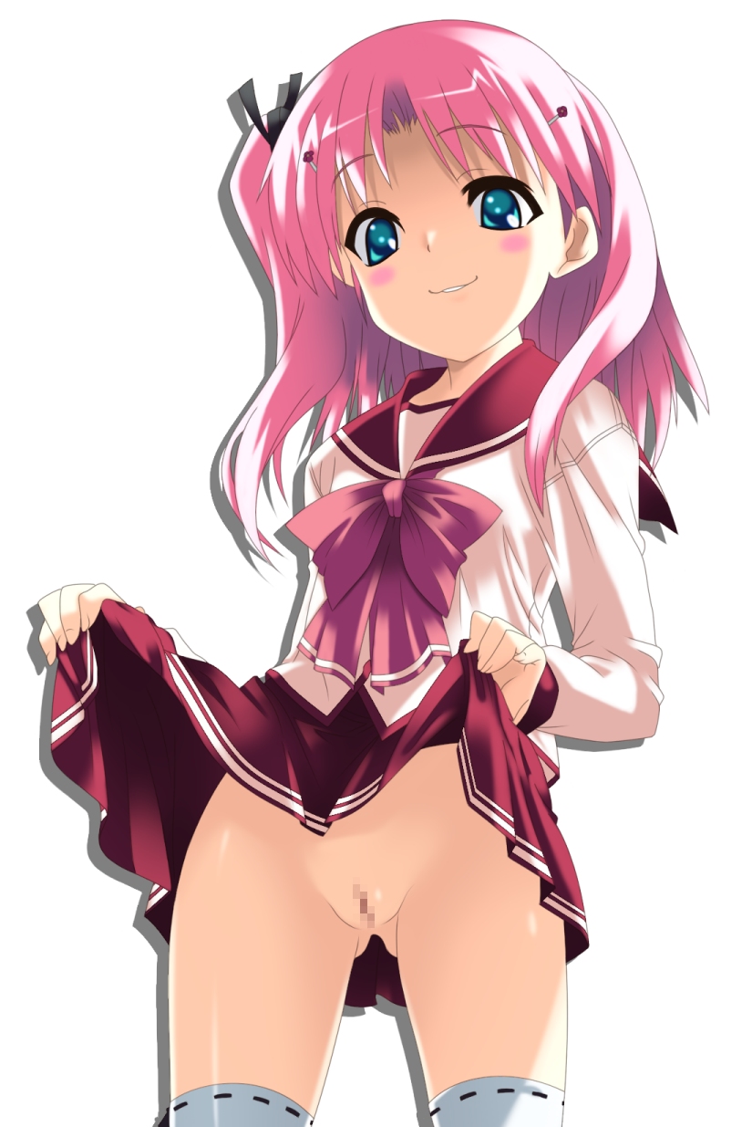 rindou (awoshakushi), maaryan (to heart), leaf (company), to heart, to heart (series), to heart 2, bad id, bad pixiv id, highres, 00s, 1girl, blush, censored, clothes lift, female focus, green eyes, mosaic censoring, no panties, pink hair, pussy, school uniform, serafuku, simple background, skirt, skirt lift, solo, thighhighs, white background