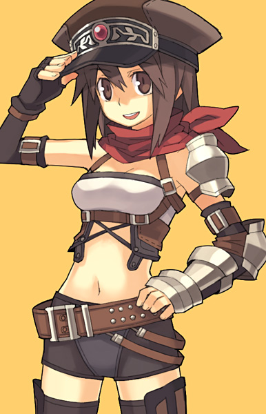 tanaka (cow), fantasy earth zero, armor, belt, brown eyes, brown hair, elbow gloves, fingerless gloves, gauntlets, gloves, hand on own hip, hat, hip focus, midriff, neckerchief, smile, solo, thighhighs, zettai ryouiki