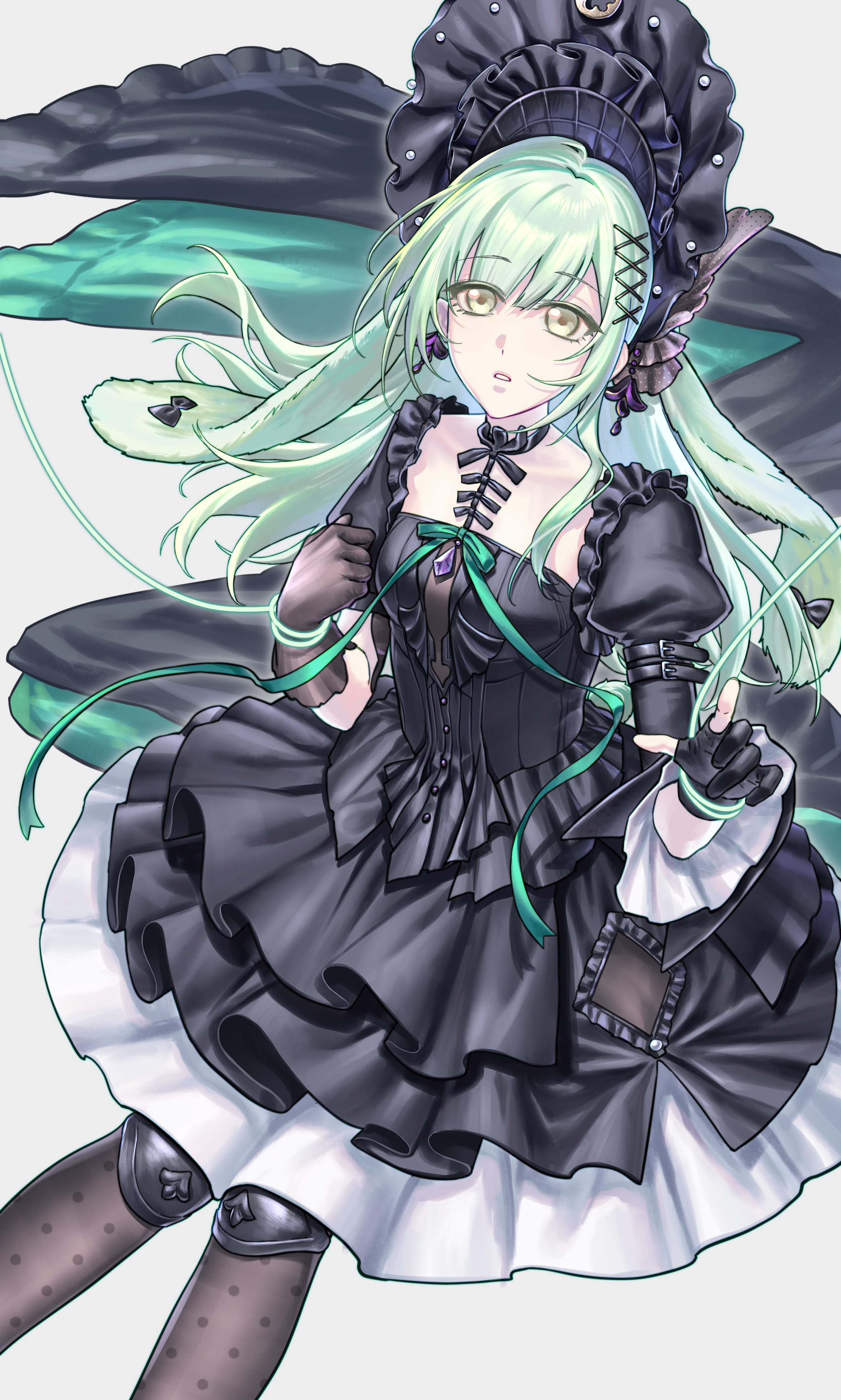 wakaba mutsumi, arknights, bang dream!, bang dream! it's mygo!!!!!, absurdres, chinese commentary, commentary request, highres, procreate (medium), 1girl, animal ears, black bonnet, black dress, black gloves, black pantyhose, bonnet, doll joints, dress, feet out of frame, floppy ears, from above, gloves, gothic lolita, green hair, hair ornament, index finger raised, joints, juliet sleeves, lolita fashion, long hair, long sleeves, looking at viewer, looking up, pantyhose, partially fingerless gloves, polka dot, polka dot pantyhose, puffy sleeves, puppet strings, rabbit ears, rabbit girl, sidelocks, sitting, solo, wakaba mutsumi (marionette's id), x hair ornament, yellow eyes, yong ye zhenma shi xiao shayu
