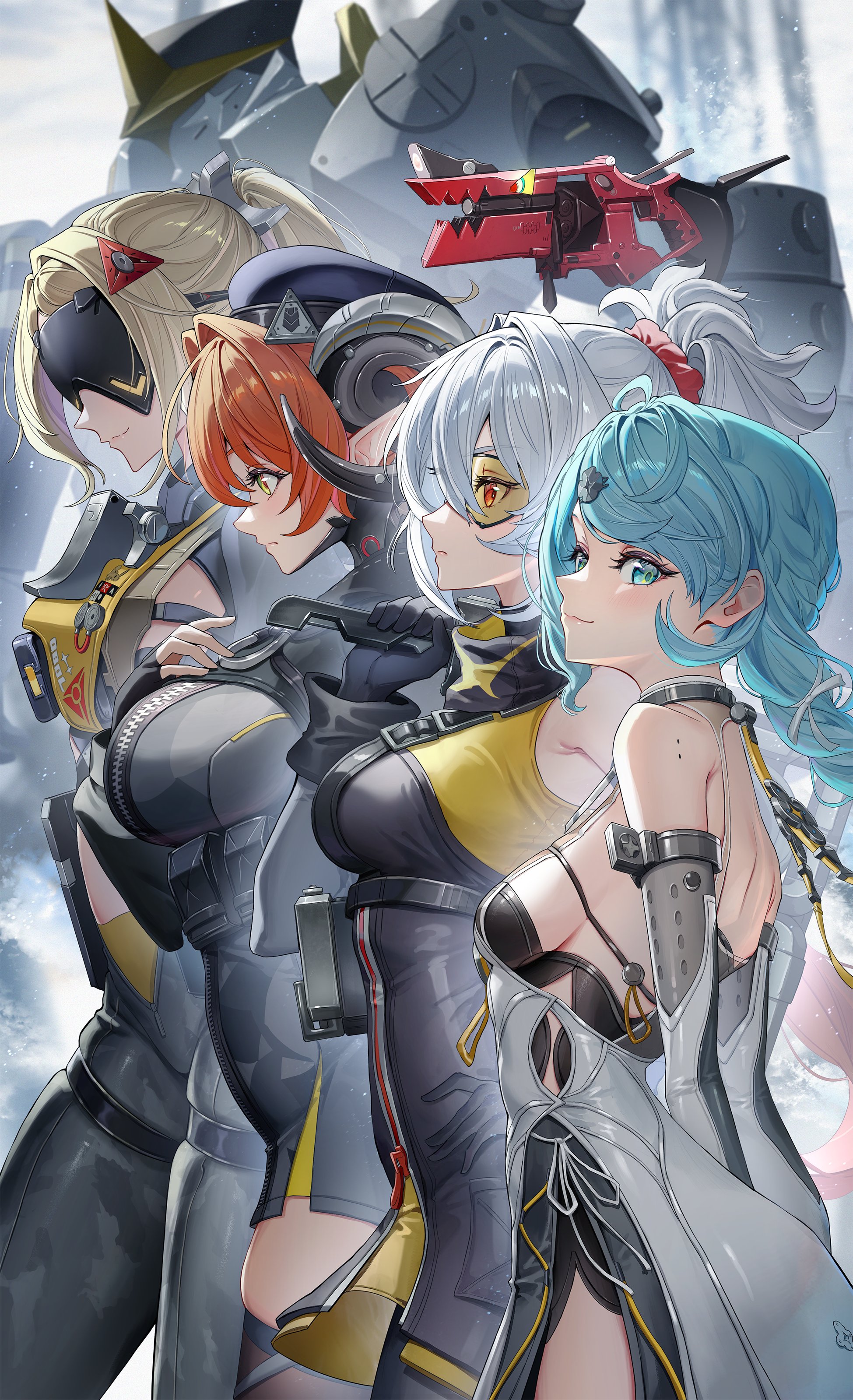 00nanona, magus (zenless zone zero), orphie magnusson, seed (zenless zone zero), seed sr., soldier 11 (zenless zone zero), trigger (zenless zone zero), zenless zone zero, absurdres, commentary, english commentary, highres, second-party source, 1other, 4girls, aqua eyes, arms behind back, black gloves, black thighhighs, blindfold, blonde hair, blue hair, braid, breasts, closed mouth, elbow gloves, fingerless gloves, gloves, grey hair, long hair, looking at viewer, looking to the side, mask, mole, multiple girls, orange hair, pants, ponytail, red eyes, sideboob, smile, thighhighs, tight clothes, tight pants, white gloves, yellow eyes