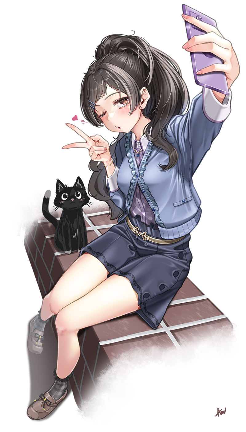 am serr, kitazawa shiho, idolmaster, idolmaster million live!, idolmaster million live! theater days, highres, 1girl, animal, black cat, black socks, blue cardigan, blush, brown eyes, brown hair, brown shoes, cardigan, cat, cellphone, fingernails, hair ornament, hairclip, heart, holding, holding phone, kitazawa shiho (private dress), loafers, long sleeves, looking at phone, official alternate costume, official alternate hairstyle, one eye closed, phone, ponytail, selfie, shoes, simple background, sitting, skirt, smartphone, socks, solo, v, white background