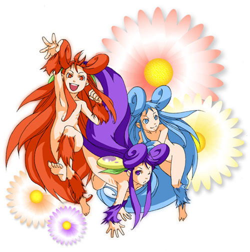 fairy (breath of fire), breath of fire, breath of fire iv, capcom, artist request, 3girls, ass, fairy, flower, groin, happy, long hair, multiple girls, nude, smile