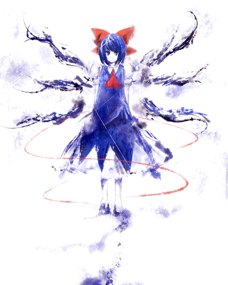 tomasu, tsurukame, cirno, touhou, 1girl, blue eyes, blue hair, bow, female focus, matching hair/eyes, solo, wings