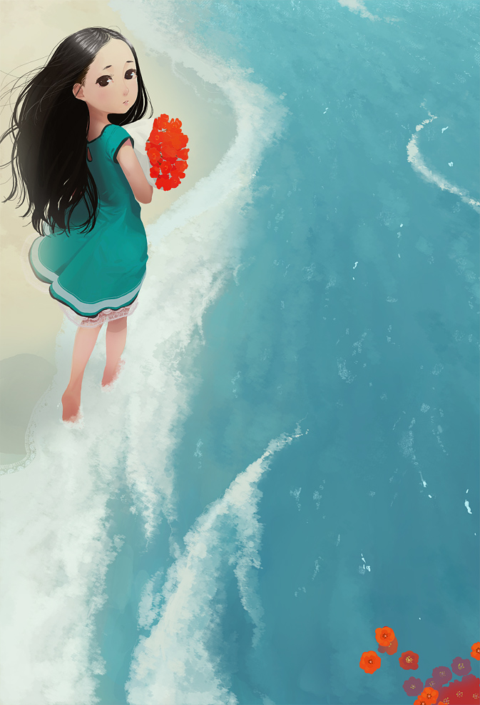 ichikawa, original, barefoot, beach, brown eyes, brown hair, flower, long hair, outdoors, solo, water