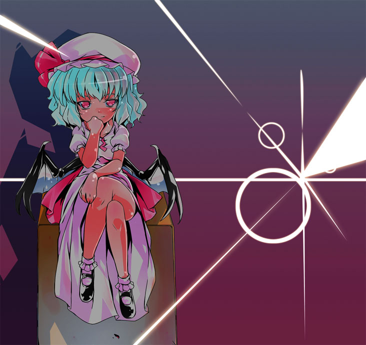 kiku hitomoji, tora tooru, toru tooru, remilia scarlet, touhou, 1girl, female focus, sitting, smile, solo