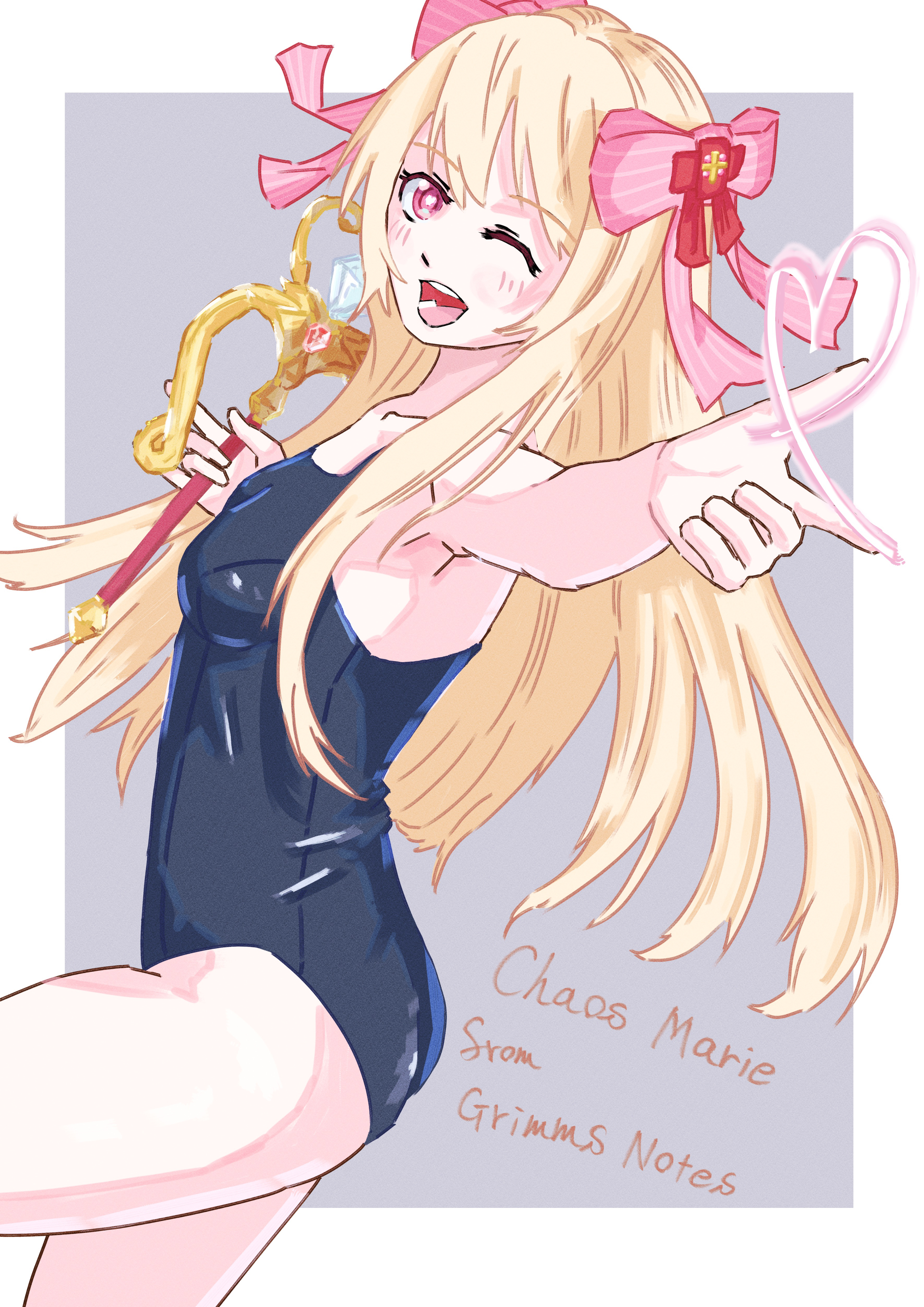 chaos marie (grimms notes), grimms notes, bad id, bad pixiv id, 1girl, blonde hair, long hair, old school swimsuit, open mouth, painthinoko, school swimsuit, smile, solo, swimsuit