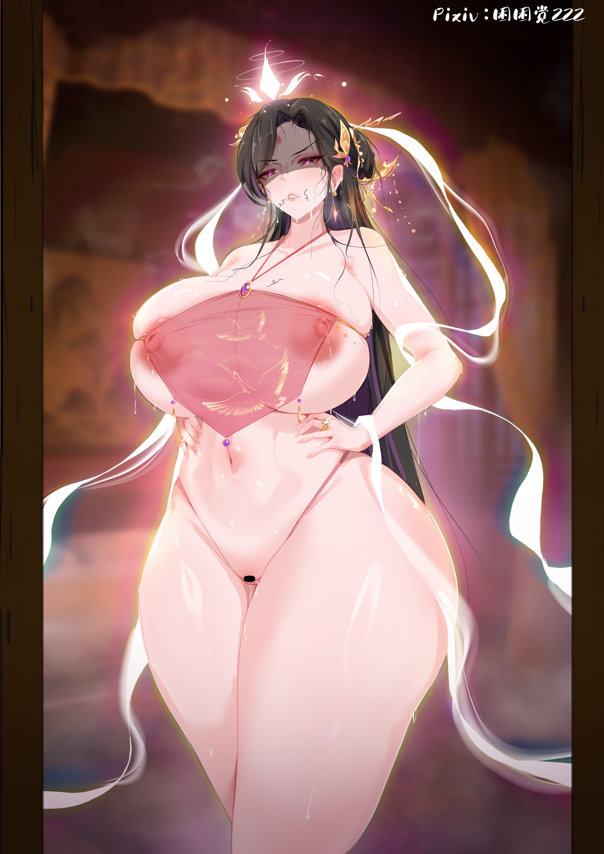 dogma zzzz, highres, 1girl, bar censor, black hair, breasts, censored, curvy, hands on own hips, huge breasts, long hair, navel, nipples, pussy, pussy juice, revealing clothes, see-through clothes, solo, sweat, thick thighs, thighs