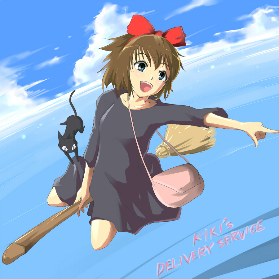 kasai shin, jiji (majo no takkyuubin), kiki (majo no takkyuubin), majo no takkyuubin, studio ghibli, 1980s (style), black cat, bow, broom, broom riding, cat, day, hair bow, hairband, oldschool, retro artstyle, solo, witch