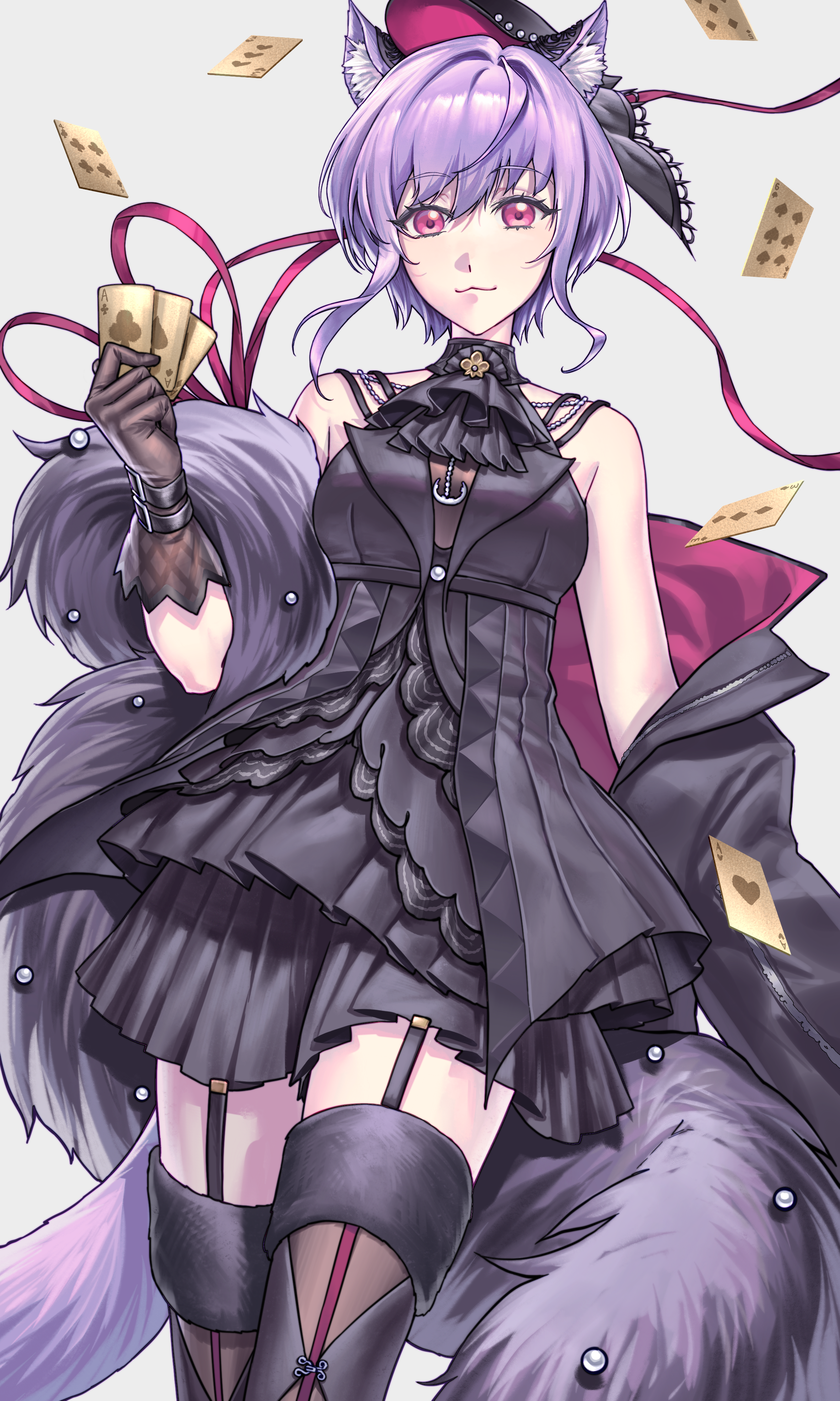 yuutenji nyamu, arknights, bang dream!, bang dream! it's mygo!!!!!, absurdres, chinese commentary, commentary request, highres, procreate (medium), 1girl, :3, animal ears, ascot, bare shoulders, black ascot, black dress, black gloves, black hat, black jacket, black thighhighs, breasts, card, cat ears, cat girl, cat tail, closed mouth, dress, feather boa, feet out of frame, floating card, fur-trimmed thighhighs, fur trim, gloves, hand up, hat, holding, holding card, jacket, looking at viewer, off shoulder, playing card, purple eyes, purple hair, short hair, simple background, smile, solo, standing, tail, thighhighs, yong ye zhenma shi xiao shayu, yuutenji nyamu (magician of passion)