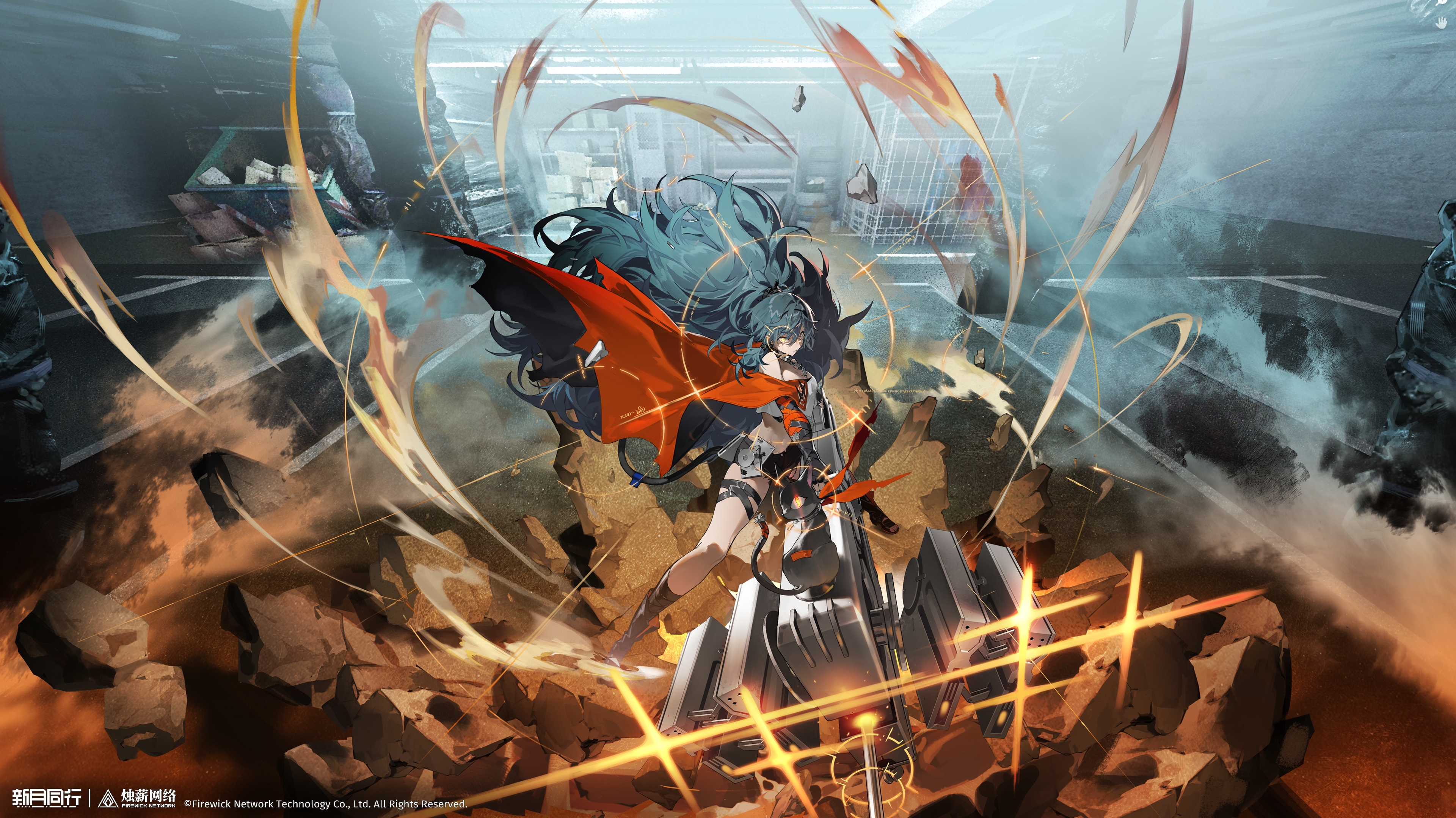 cihui (xinyue tongxing), xinyue tongxing, absurdres, highres, official art, official wallpaper, 1girl, bare shoulders, black boots, black cat, black gloves, black shorts, boots, broken ground, cape, cat, copyright name, copyright notice, crop top, dust, fingerless gloves, full body, gloves, glowing, glowing eye, green hair, ground shatter, holding, holding weapon, indoors, logo, long hair, looking at viewer, orange cape, shirt, short shorts, shorts, solo, standing, very long hair, weapon, white shirt, yellow eyes