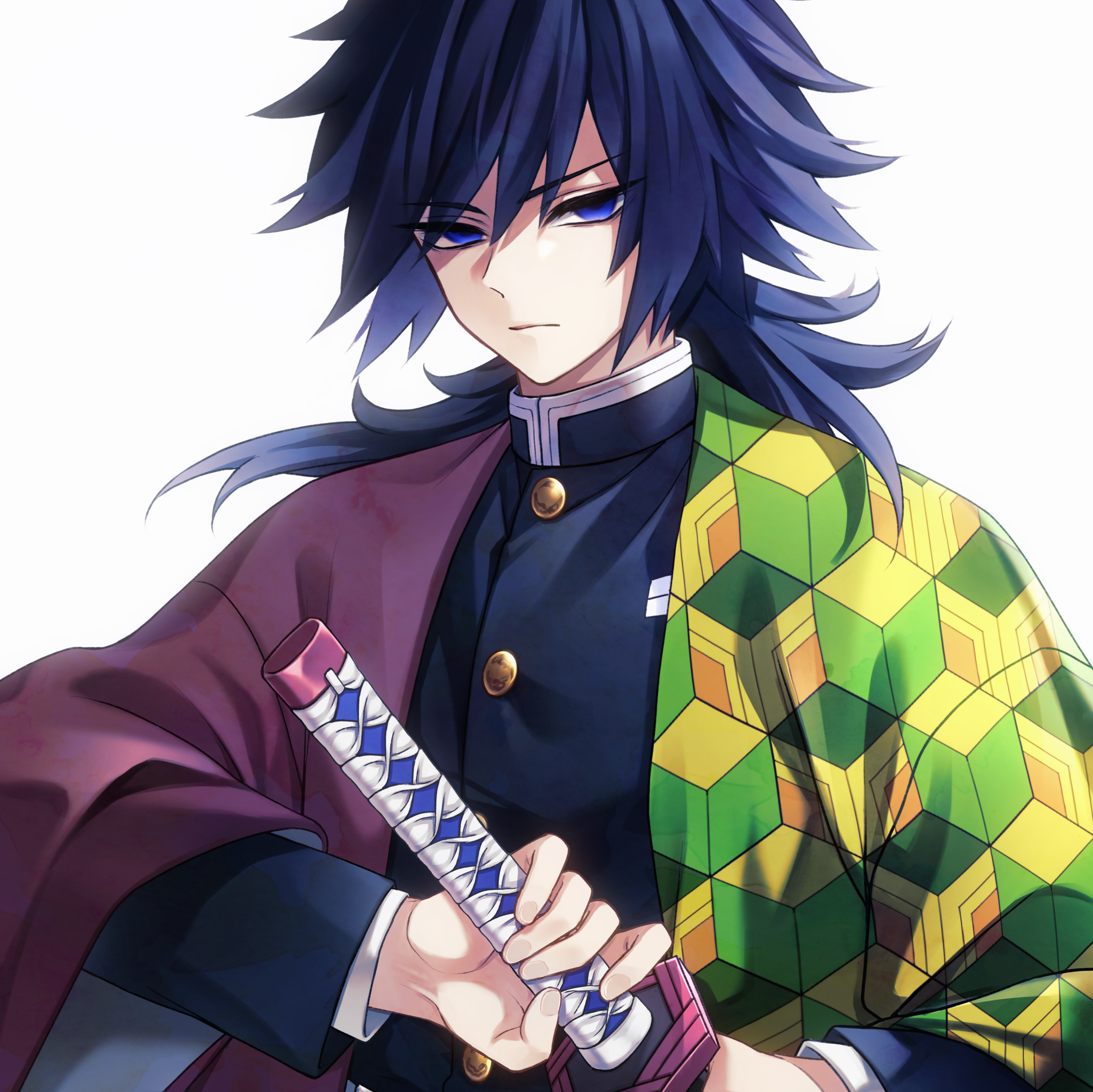 mochiii-s, tomioka giyuu, kimetsu no yaiba, absurdres, highres, 1boy, black hair, black jacket, blue eyes, buttons, demon slayer uniform, empty eyes, haori, holding, holding sword, holding weapon, jacket, japanese clothes, katana, kikkoumon, looking at viewer, low ponytail, male focus, ponytail, print haori, red haori, simple background, solo, spiked hair, sword, weapon, white background