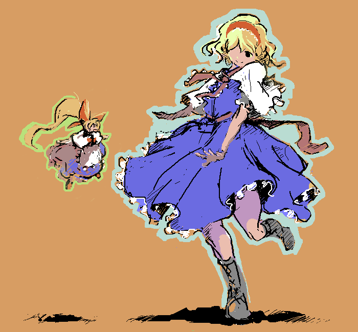alice margatroid, shanghai doll, touhou, 1girl, apron, blonde hair, blue dress, boots, bow, capelet, dress, female focus, frills, hair bow, hair over one eye, hairband, lace-up boots, long hair, oekaki, orange background, outline, ponytail, running, sash, sketch, smile, solo, waist apron, wavy hair