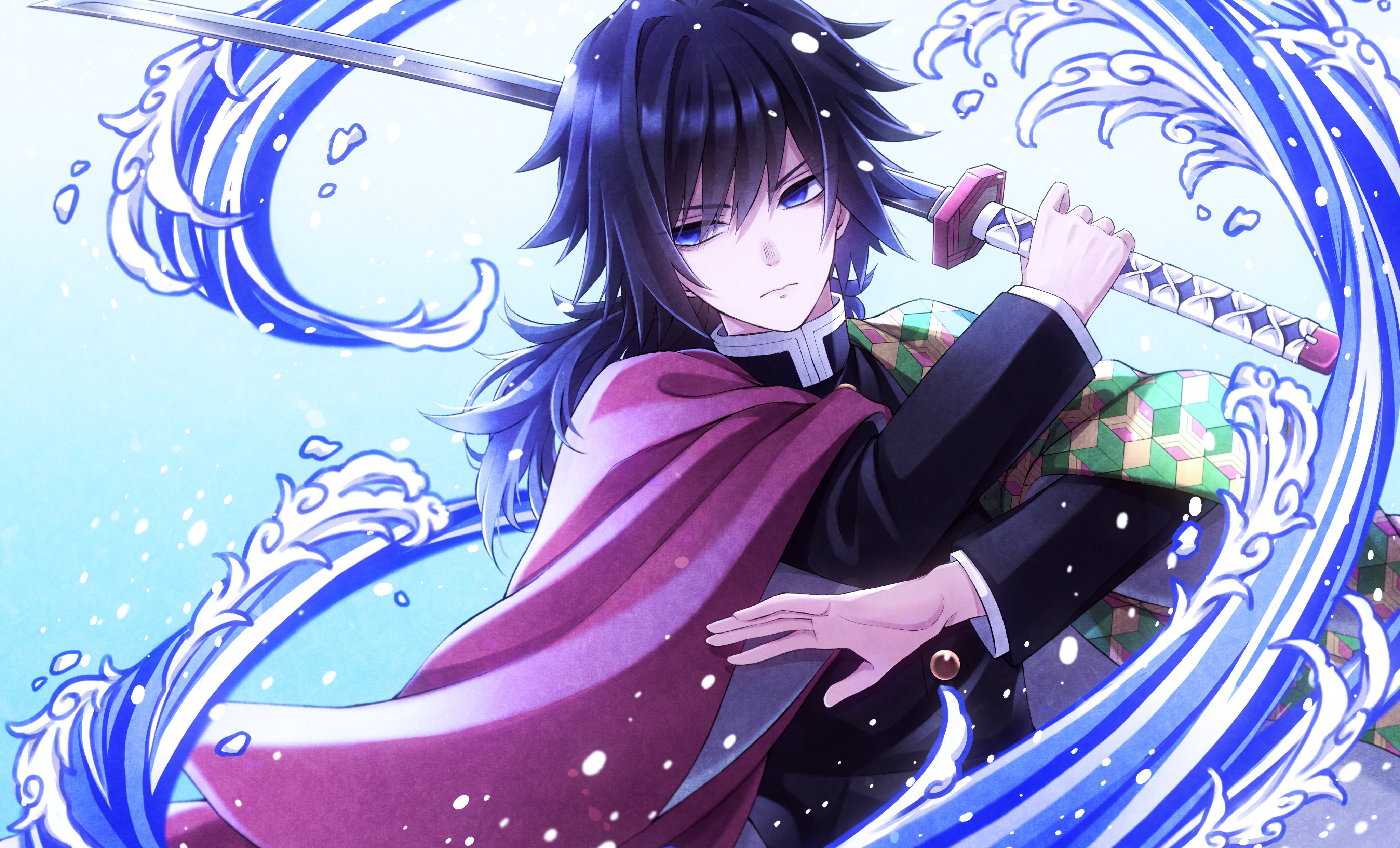 mochiii-s, tomioka giyuu, kimetsu no yaiba, absurdres, highres, 1boy, black hair, black jacket, blue eyes, buttons, demon slayer uniform, gold buttons, gradient background, hand up, haori, holding, holding sword, holding weapon, jacket, japanese clothes, katana, kikkoumon, looking to the side, low ponytail, male focus, ponytail, print haori, red haori, solo, spiked hair, sword, upper body, water, weapon