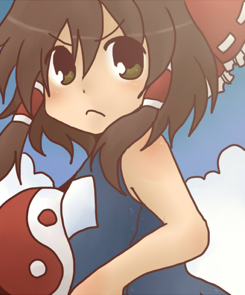 toto (hitori othello), hakurei reimu, touhou, 1girl, female focus, frown, one-piece swimsuit, outdoors, school swimsuit, sky, solo, swimsuit