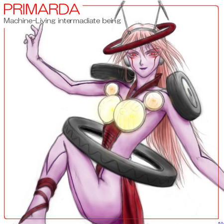 k.x., primarda, yuusha ou gaogaigar, yuusha series, lowres, 1990s (style), 1girl, android, antennae, ballerina, breasts, character name, colored skin, english text, engrish text, female focus, large breasts, long hair, pink hair, purple skin, ranguage, red eyes, retro artstyle, simple background, solo, steering wheel, tutu, unused tire, white background, windshield wiper