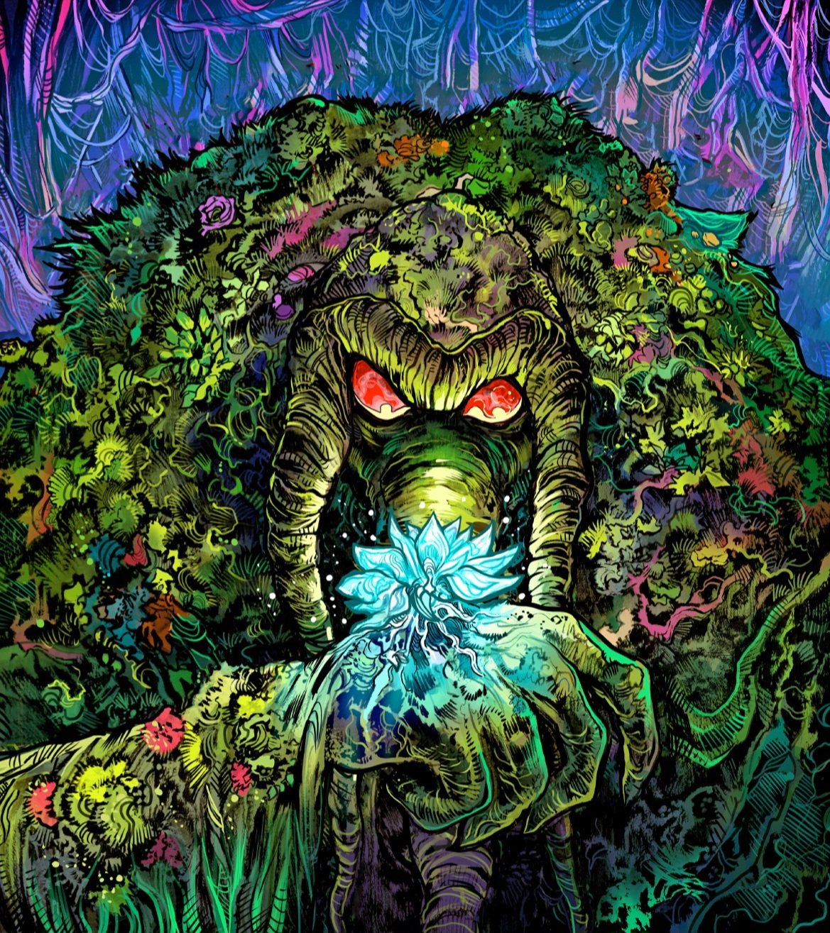 vinartwork, man-thing, marvel, marvel snap, highres, official art, 1boy, beak, colored skin, creature, flower, forest, grass, green hood, green skin, jungle, monster, nature, red eyes, solo, solo focus, swamp monster, wet and messy, wetland