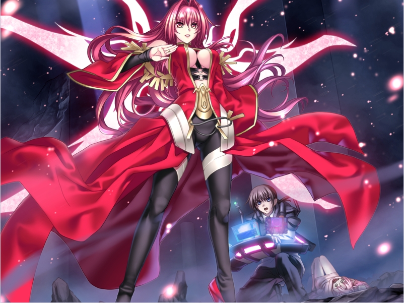 corticarte apa lagranges, tatara phoron, shinkyoku soukai polyphonica, non-web source, 00s, 1boy, 1girl, breasts, cleavage, large breasts, long hair, red hair